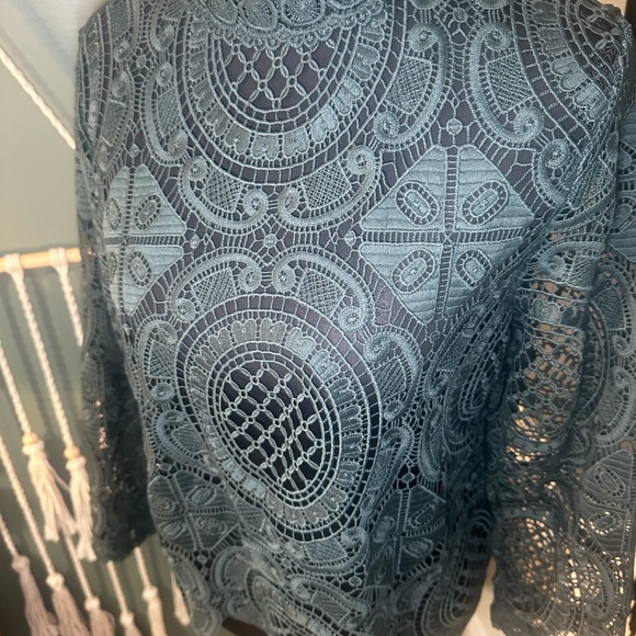 James Coviello Teal Lace Blouse Y2K Boho Romantic Crochet Top Scalloped Hem - Picture 3 of 5